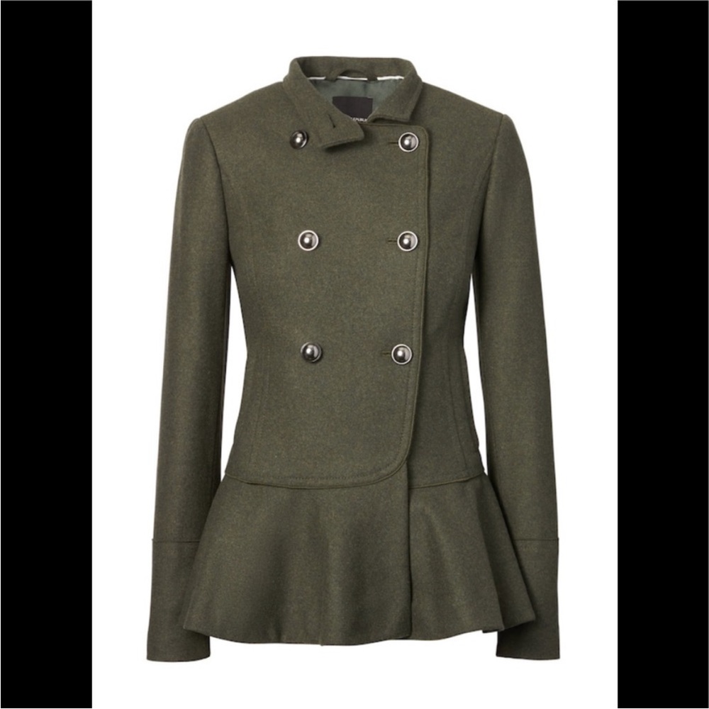 NWOT Banana Republic Olive Green Italian Wool Peplum-hem Pea Coat XS
